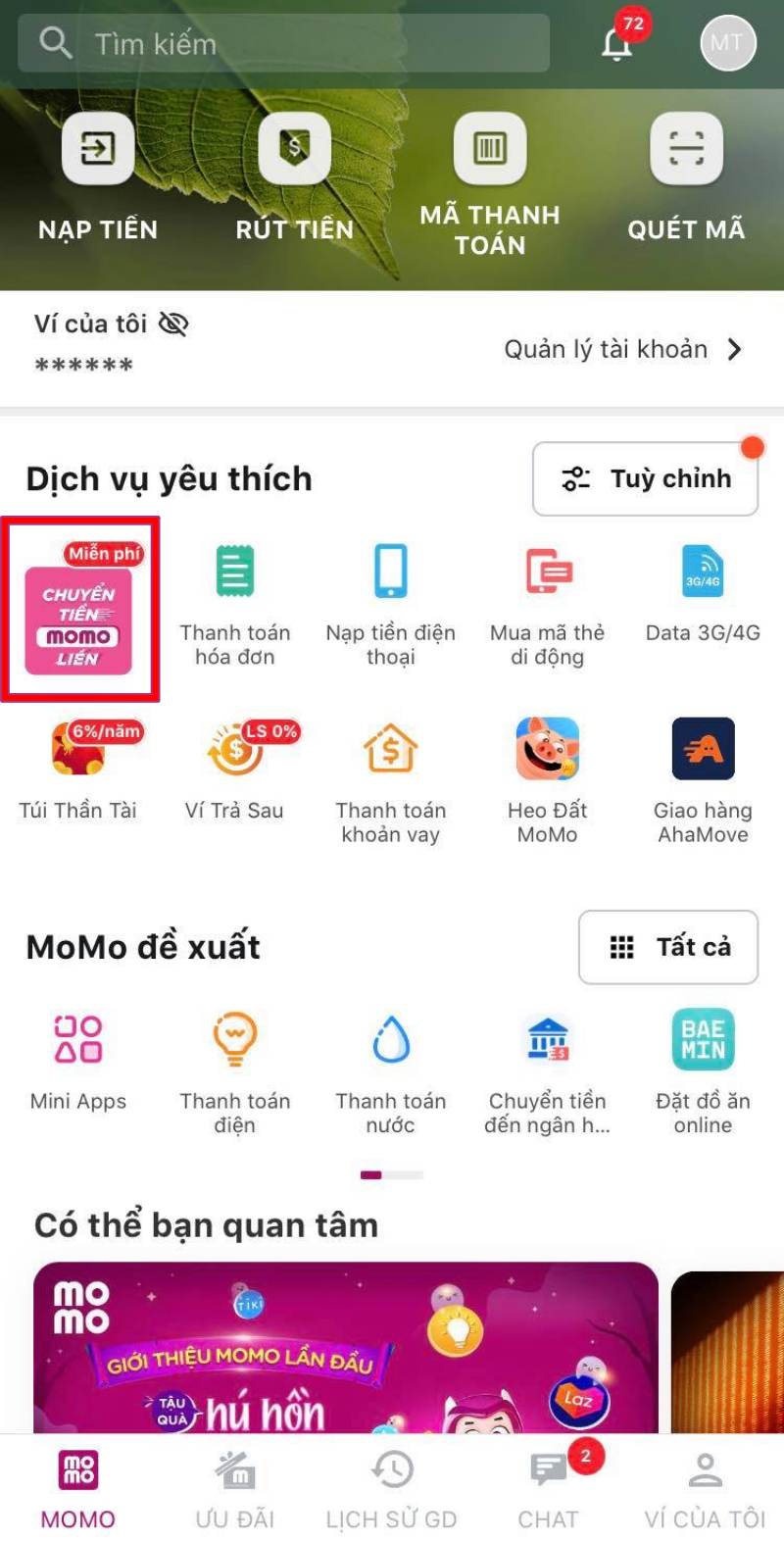 Chọn dịch vụ Chuyển tiền tại màn hình chính ví Momo