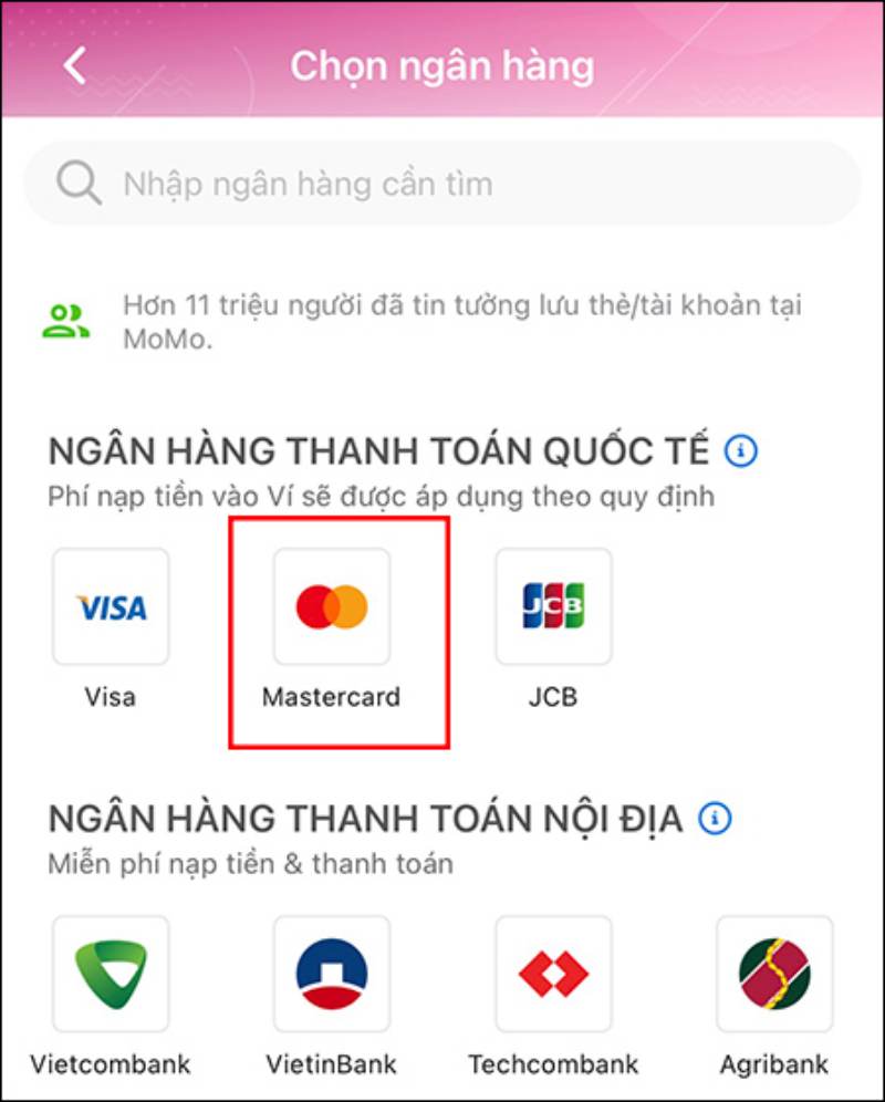 Cách nạp tiền vào ví Momo từ thẻ quốc tế Visa/JCB/MasterCard - Bước 2