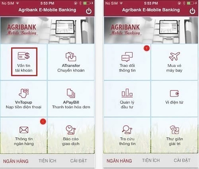 Tra cứu số tài khoản ngân hàng Agribank qua E-Mobile Banking