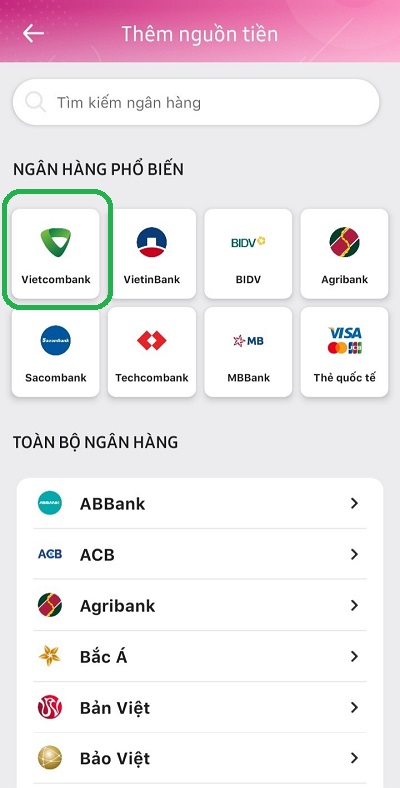 liên kết ví momo với Vietcombank